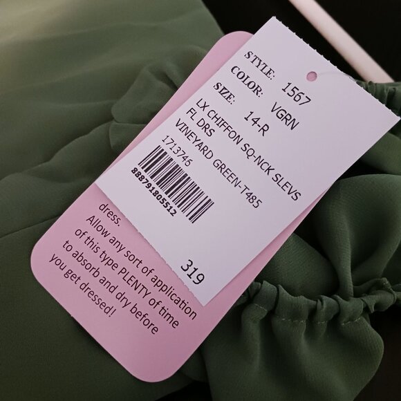 NEW After Six Puff Sleeve Chiffon Maxi Dress w/ Front Slit, Vineyard Green, 14 - Picture 9 of 15